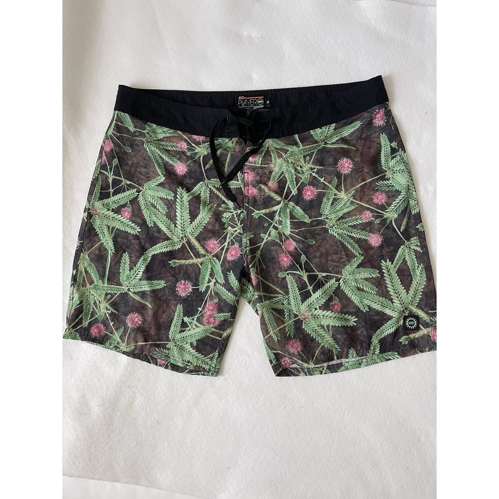 Men's Swim Shorts, Playero, Size 38 with Green Leafs and Pink Accents